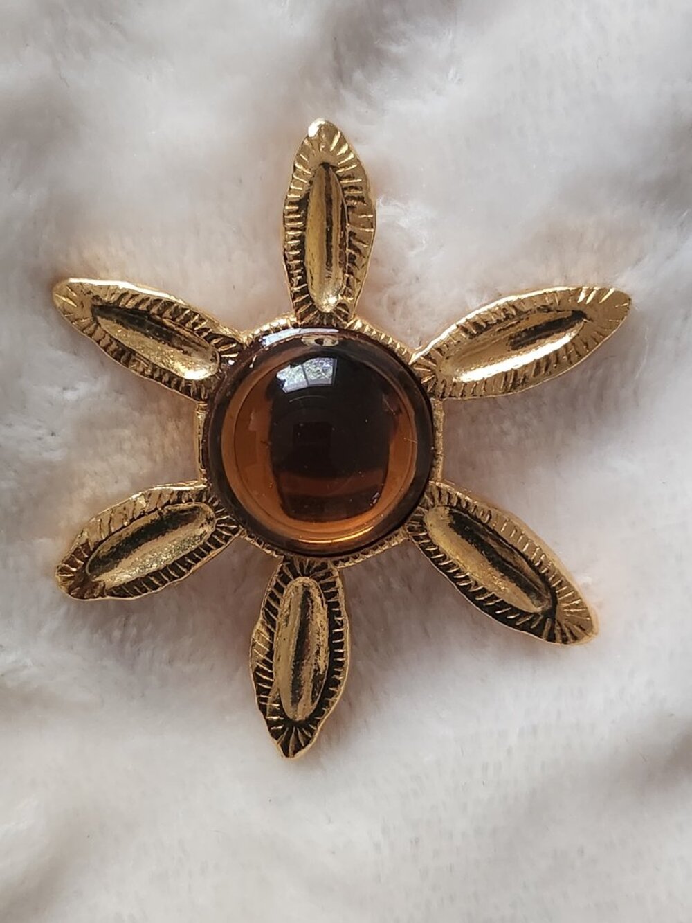Vintage Cecile Jeanne Paris Signed Gold Tone Flower Brooch Amber Cabochon